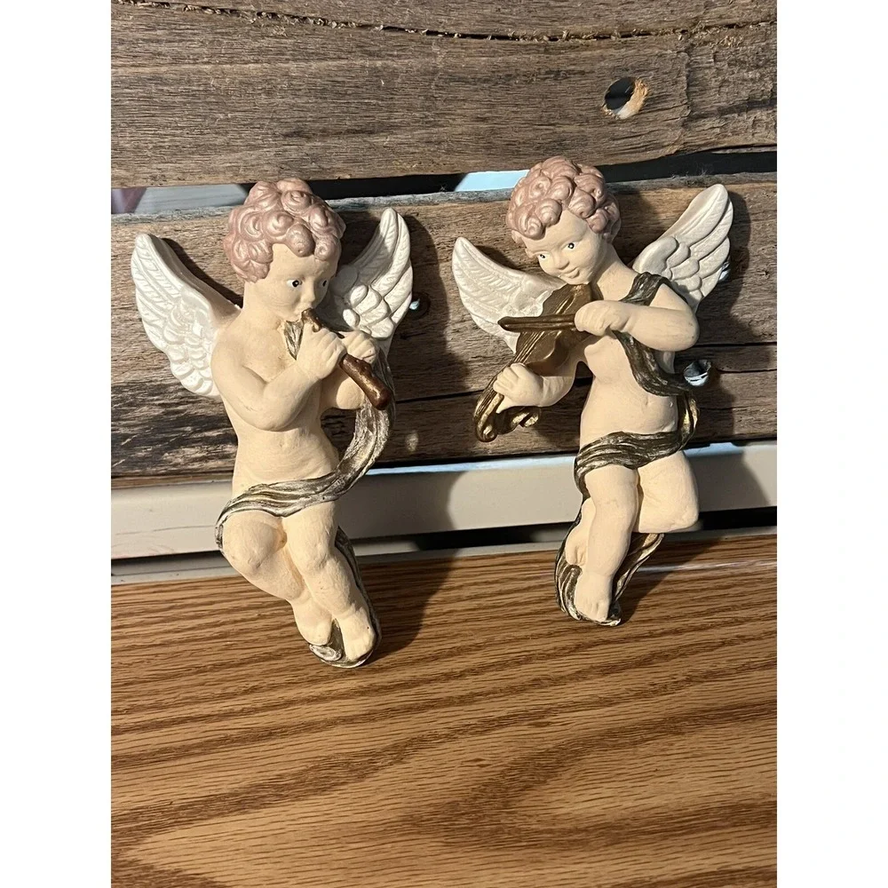 VTG Pair Italian Angel Cherubs Wall Hanging Victorian musicians 5.5